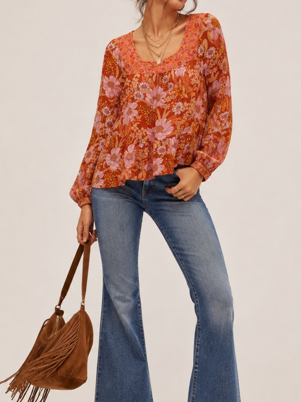 American Eagle Retro Floral Tiered Flowy Long Sleeve Top Small